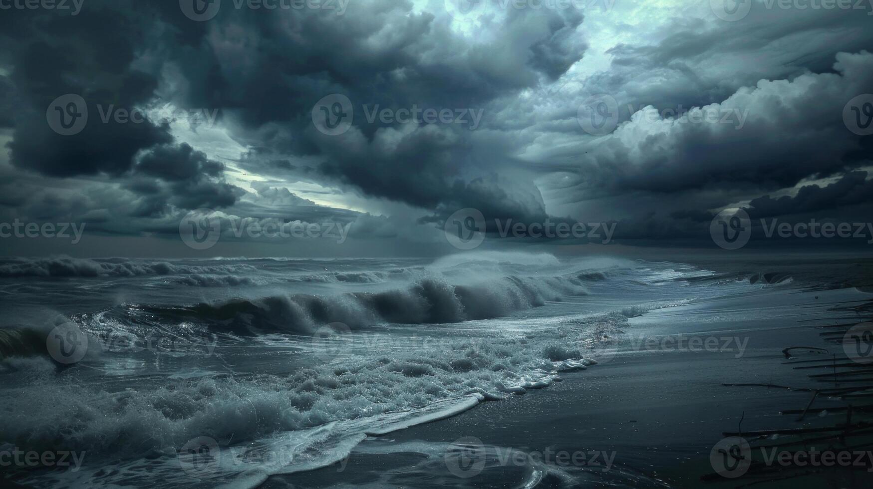 A stormy ocean with large waves crashing against the shore photo