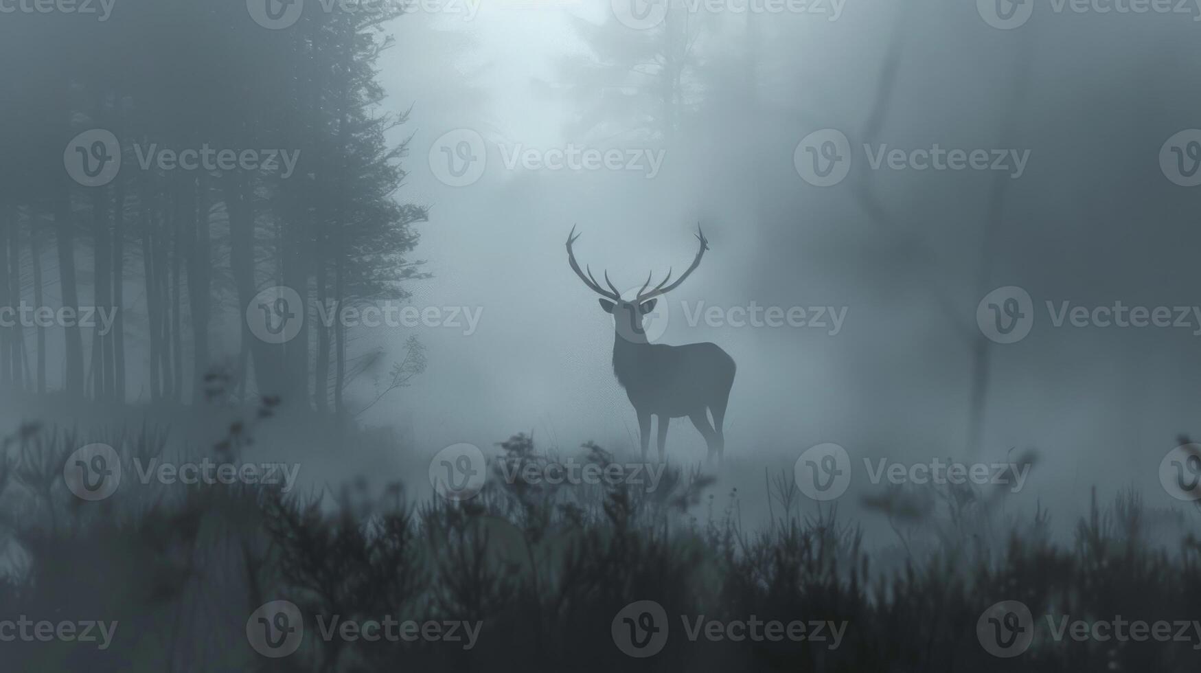 A deer stands in a forest with foggy air photo