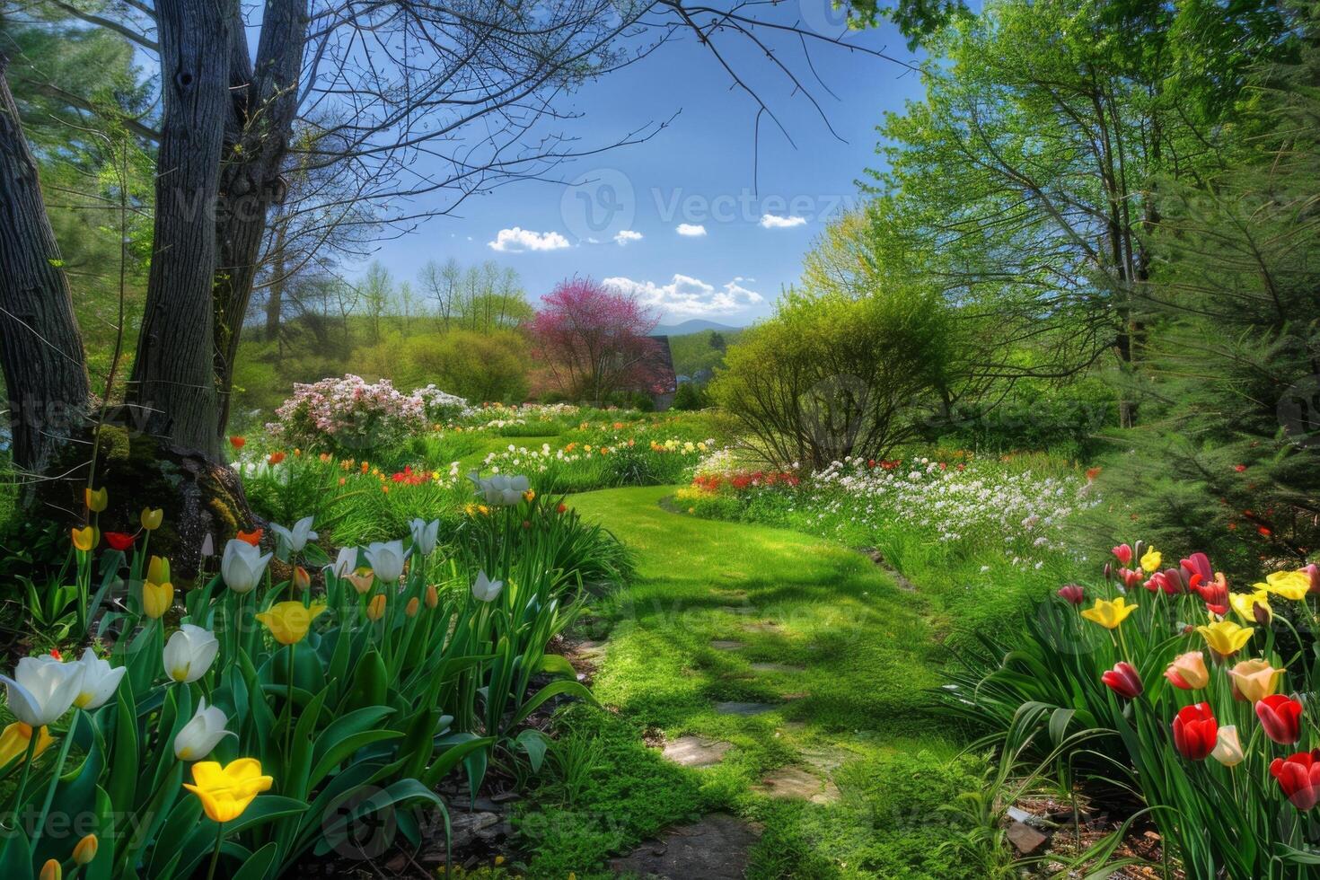 A beautiful garden with a path through it photo