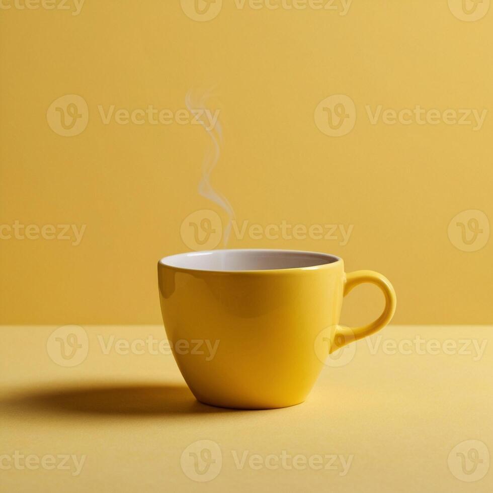 Yellow coffee cup on a yellow background. Created by AI photo
