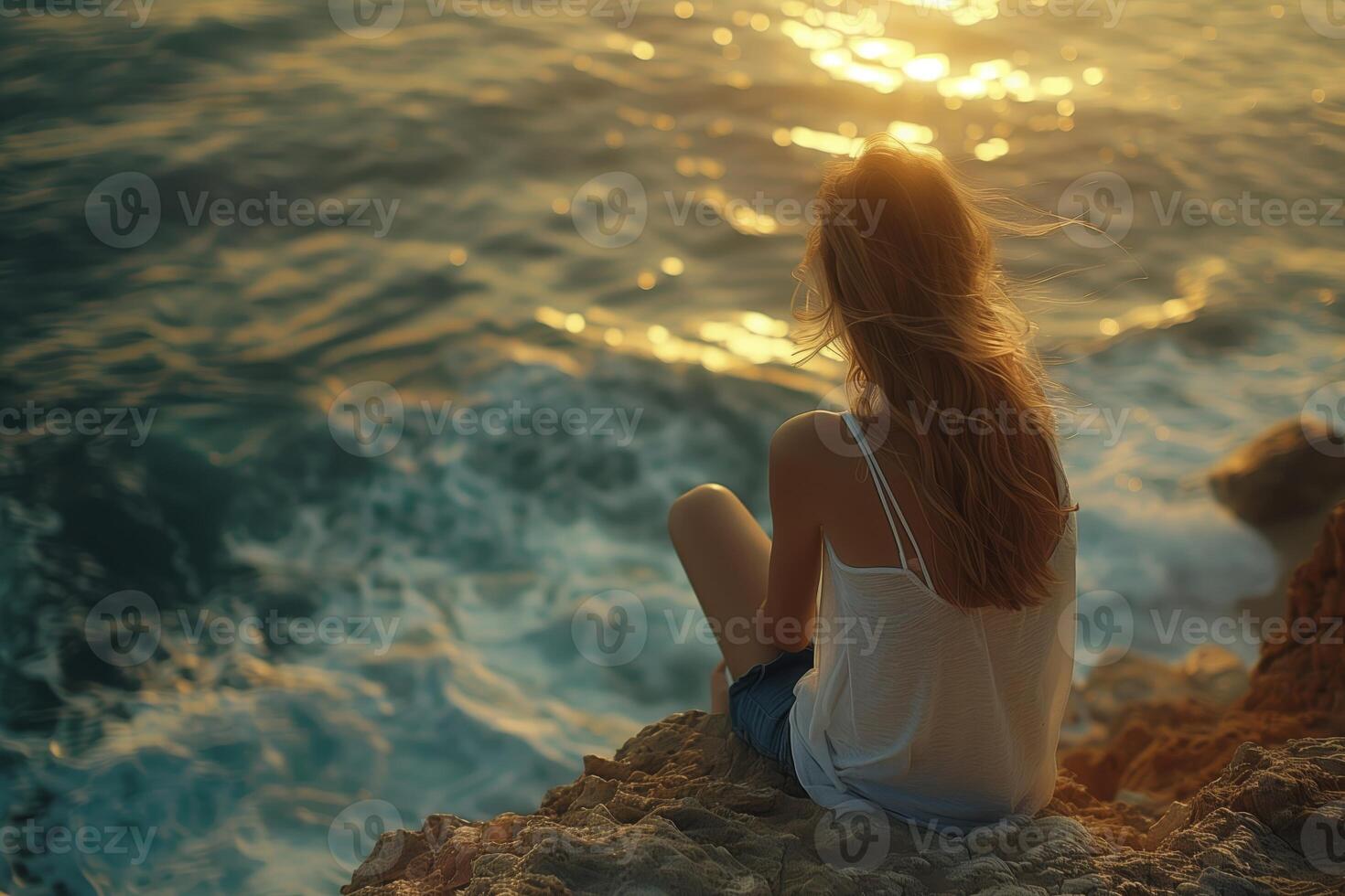 Woman cliff edge sunset ocean waves solitude reflection serene photo