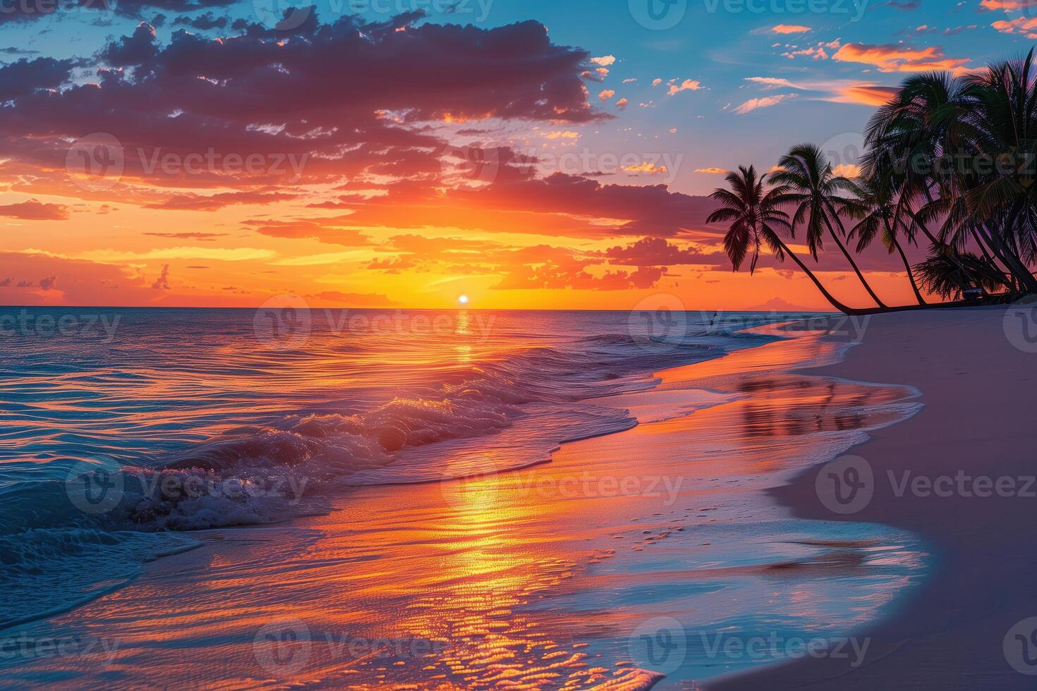 Tropical beach sunset palm trees ocean waves colorful sky photo