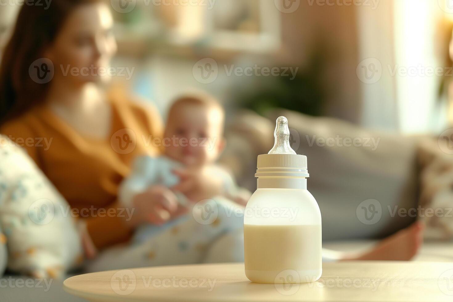 Baby feeding bottle with milk on a table in a bright room, in the background, out of focus, a mother holds a newborn in her arms while sitting on the sofa photo