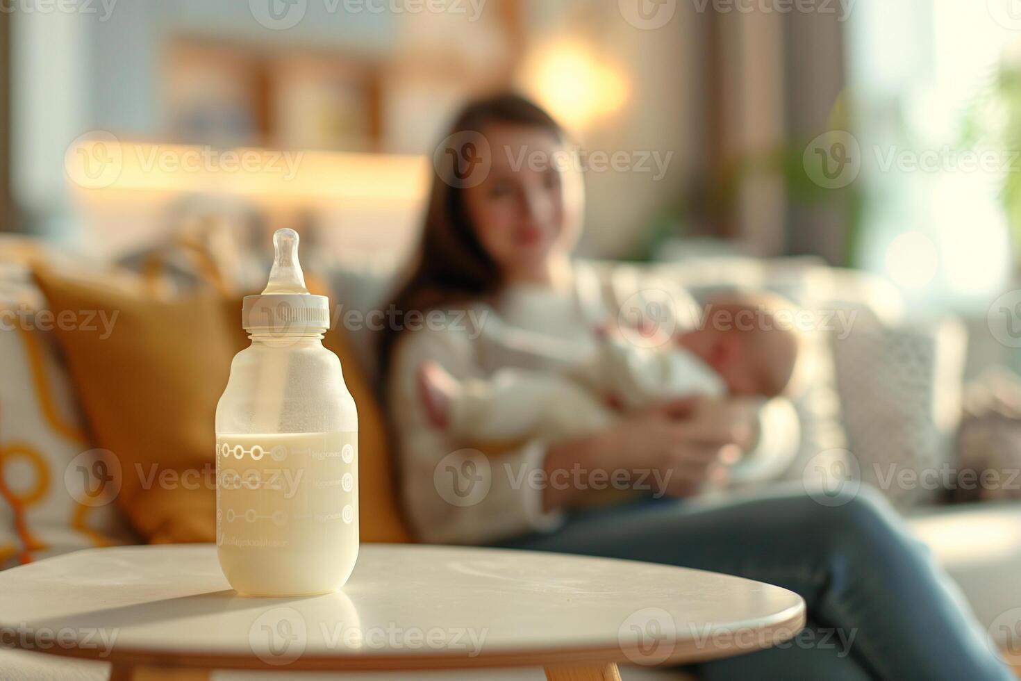 Baby feeding bottle with milk on a table in a bright room, in the background, out of focus, a mother holds a newborn in her arms while sitting on the sofa photo