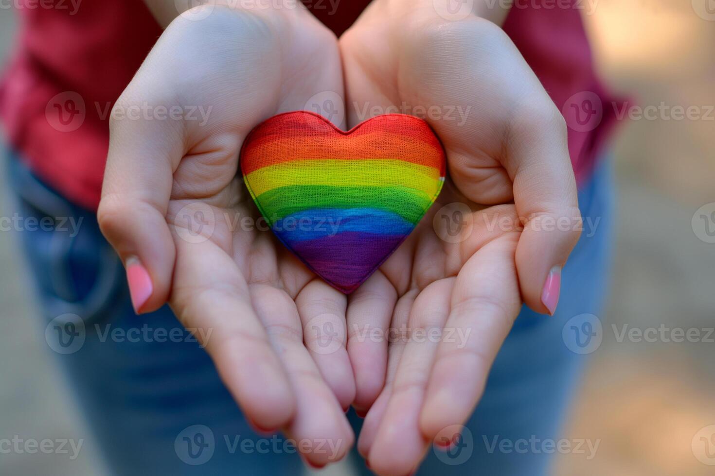 Rainbow heart in the colors of the lgbt flag in female hands, pride month photo