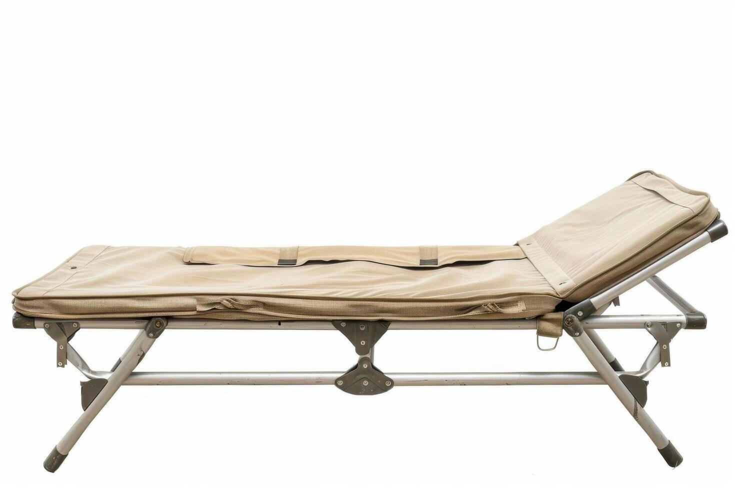 Folding cot for camping or outdoor use, with tan fabric and aluminum frame. photo