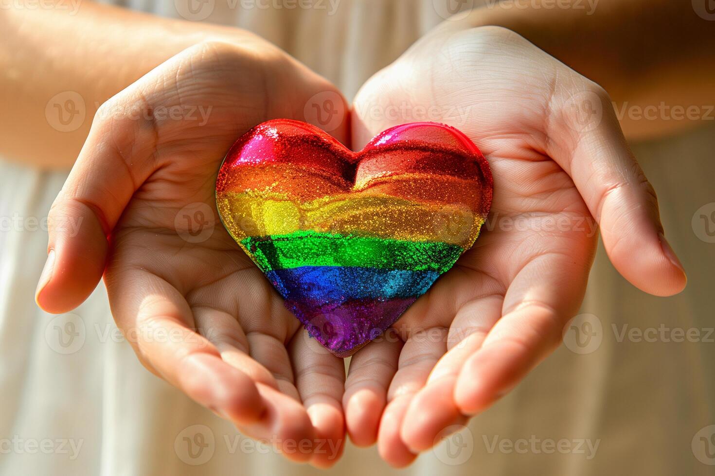 Rainbow heart in the colors of the lgbt flag in female hands, pride month photo