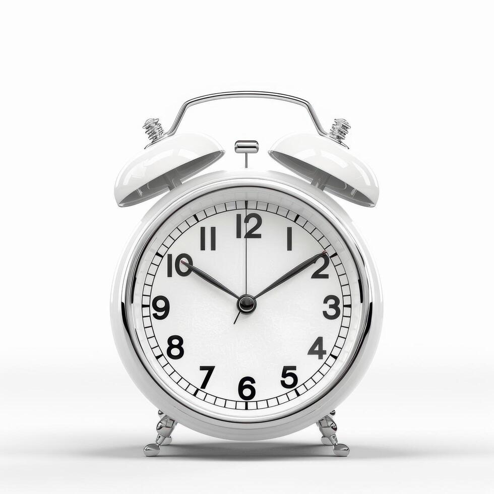 Classic white alarm clock with bells isolated on white background. photo
