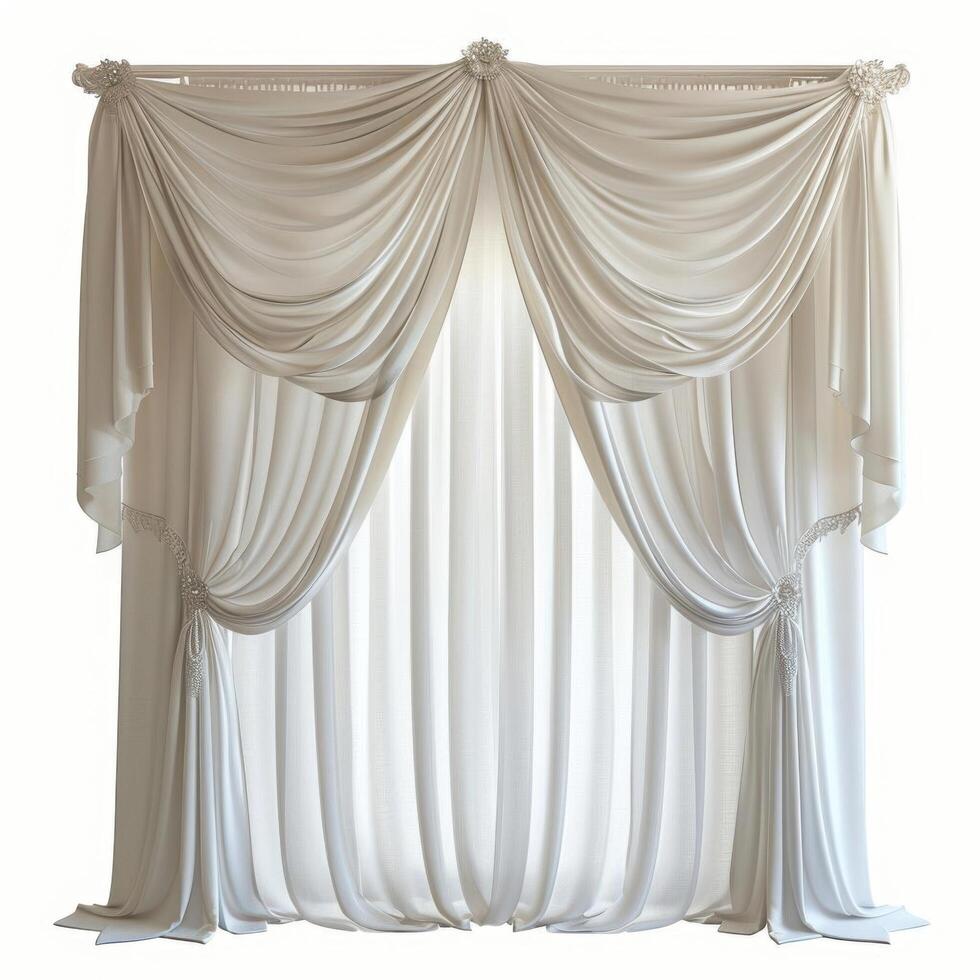 Elegant white curtains with decorative tiebacks, adding a touch of luxury to any room. photo