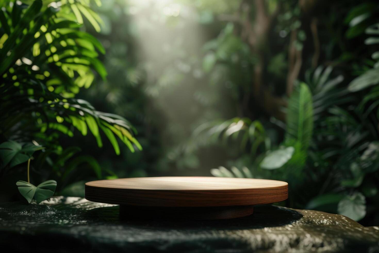 A modern wooden podium with clean lines in a digitally rendered forest, TechEnhanced, Futuristic photo