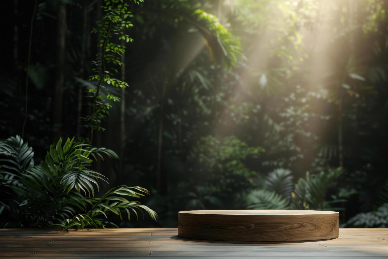 A modern wooden podium with clean lines in a digitally rendered forest, TechEnhanced, Futuristic photo