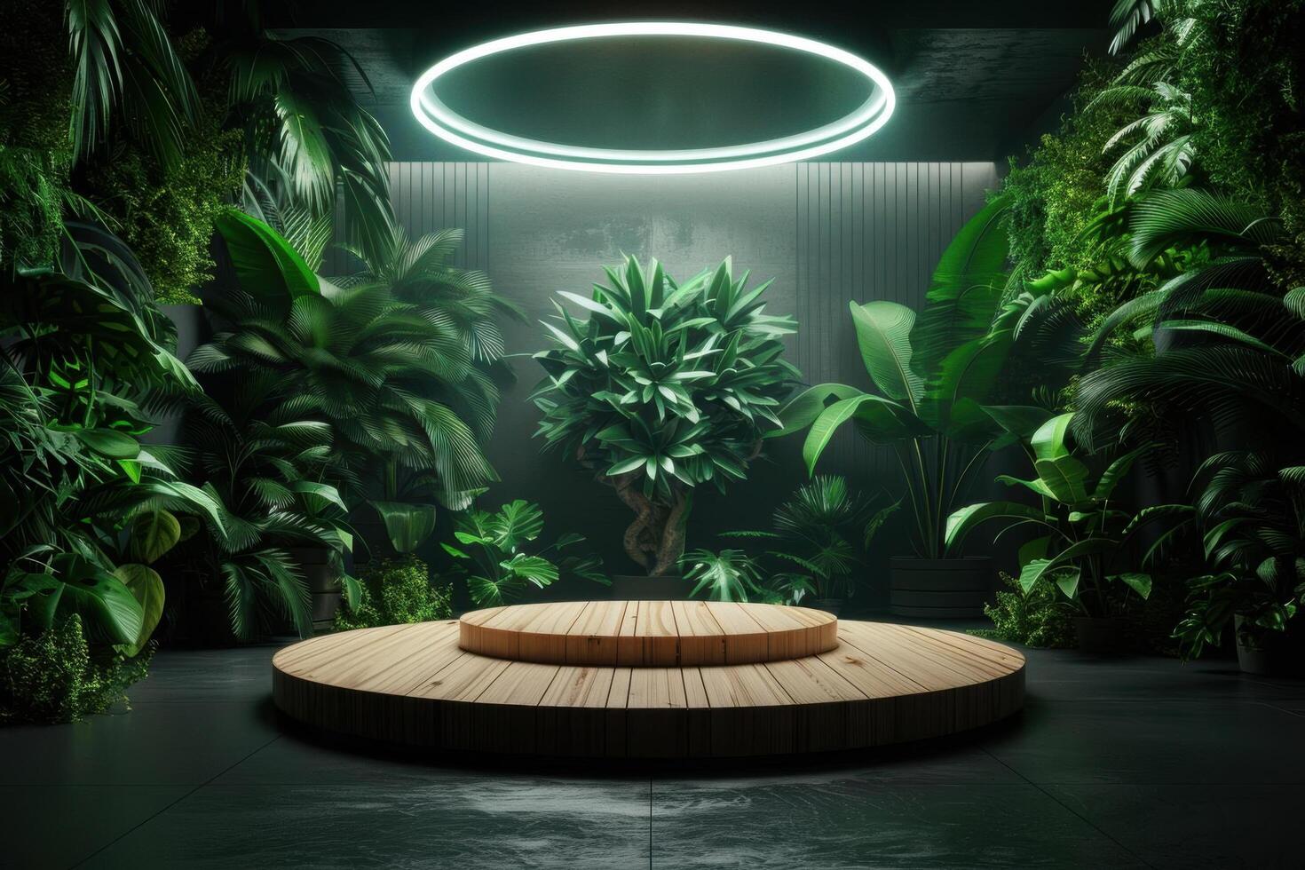 A hightech wooden podium with holographic projections in a futuristic forest, Scifi, Neon photo