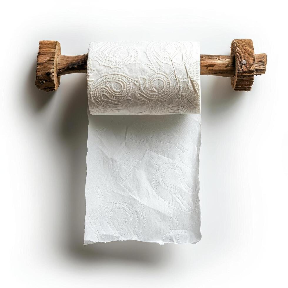 Rustic wooden toilet paper holder with a roll of toilet paper on a white background. photo