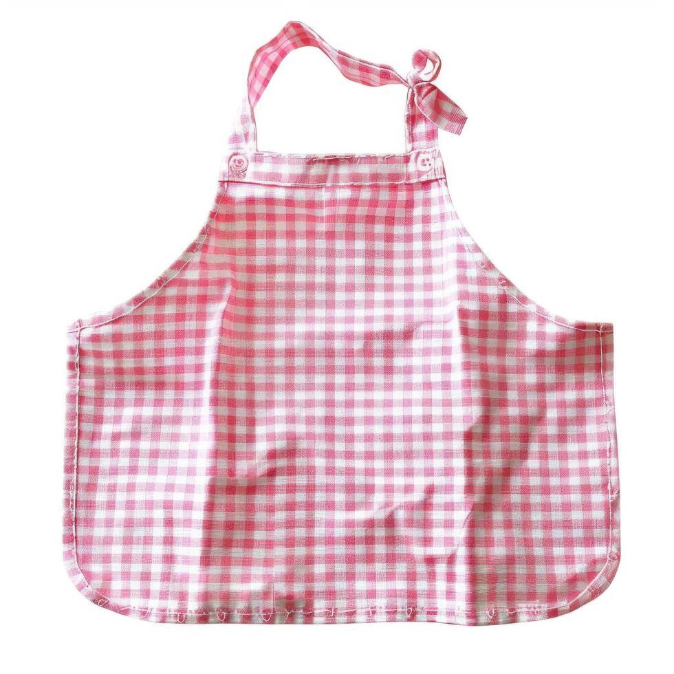 Pink and white gingham apron with a tie closure. photo