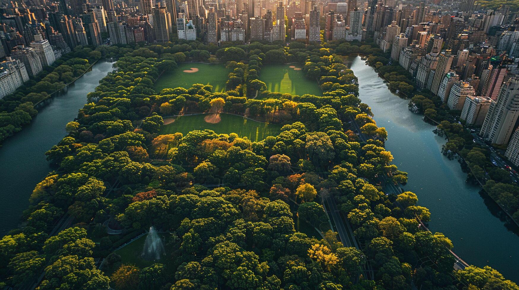 A cityscape showing the contrast between lush green parks and areas afflicted by extreme heat and drought, a visual commentary on the urban impact of global warming, Photography aerial photo
