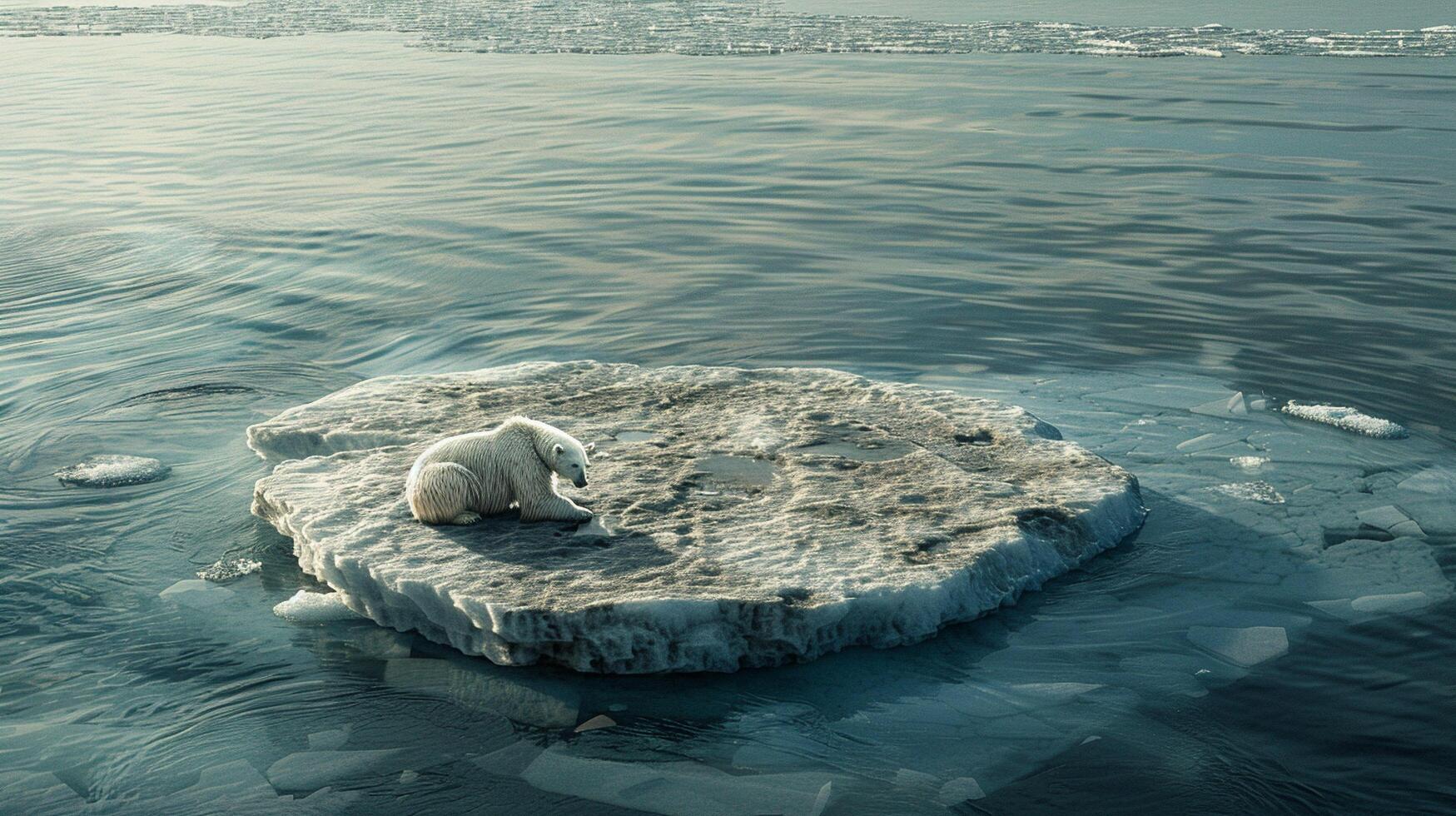 A polar bear stranded on a small ice floe in a vast, empty ocean, illustrating the melting Arctic ice due to global warming, photo