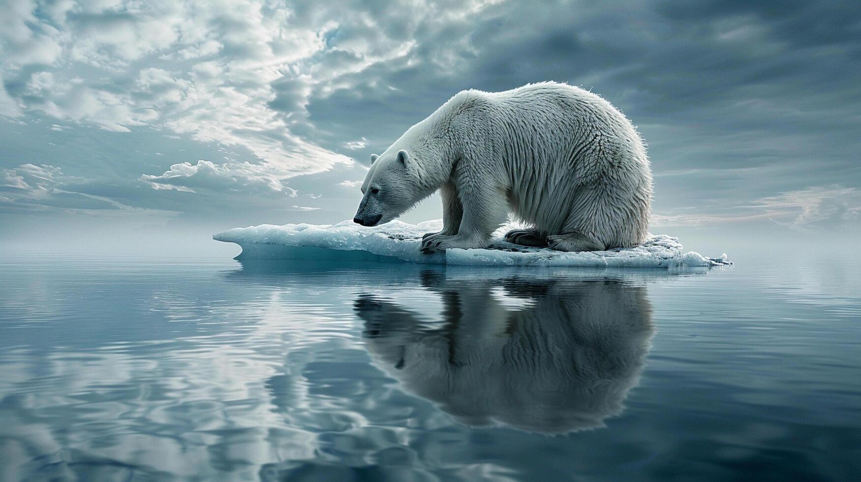 A polar bear stranded on a small ice floe in a vast, empty ocean, illustrating the melting Arctic ice due to global warming, photo