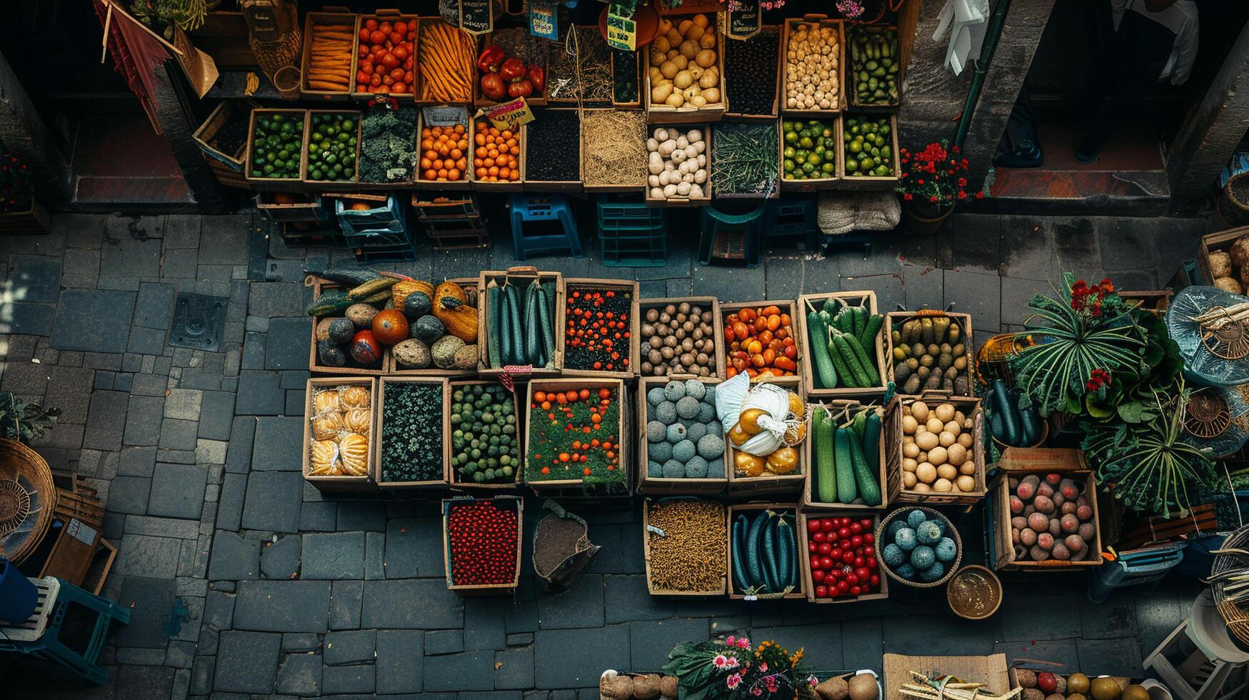 An aerial view of a farmer's market vegetable stall, neatly arranged baskets of vegetables creating a patchwork of hues, bustling with customers selecting produce, the essence of community and health photo