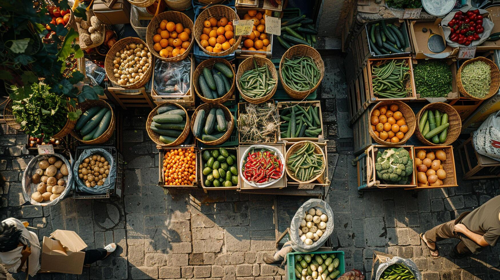 An aerial view of a farmer's market vegetable stall, neatly arranged baskets of vegetables creating a patchwork of hues, bustling with customers selecting produce, the essence of community and health photo