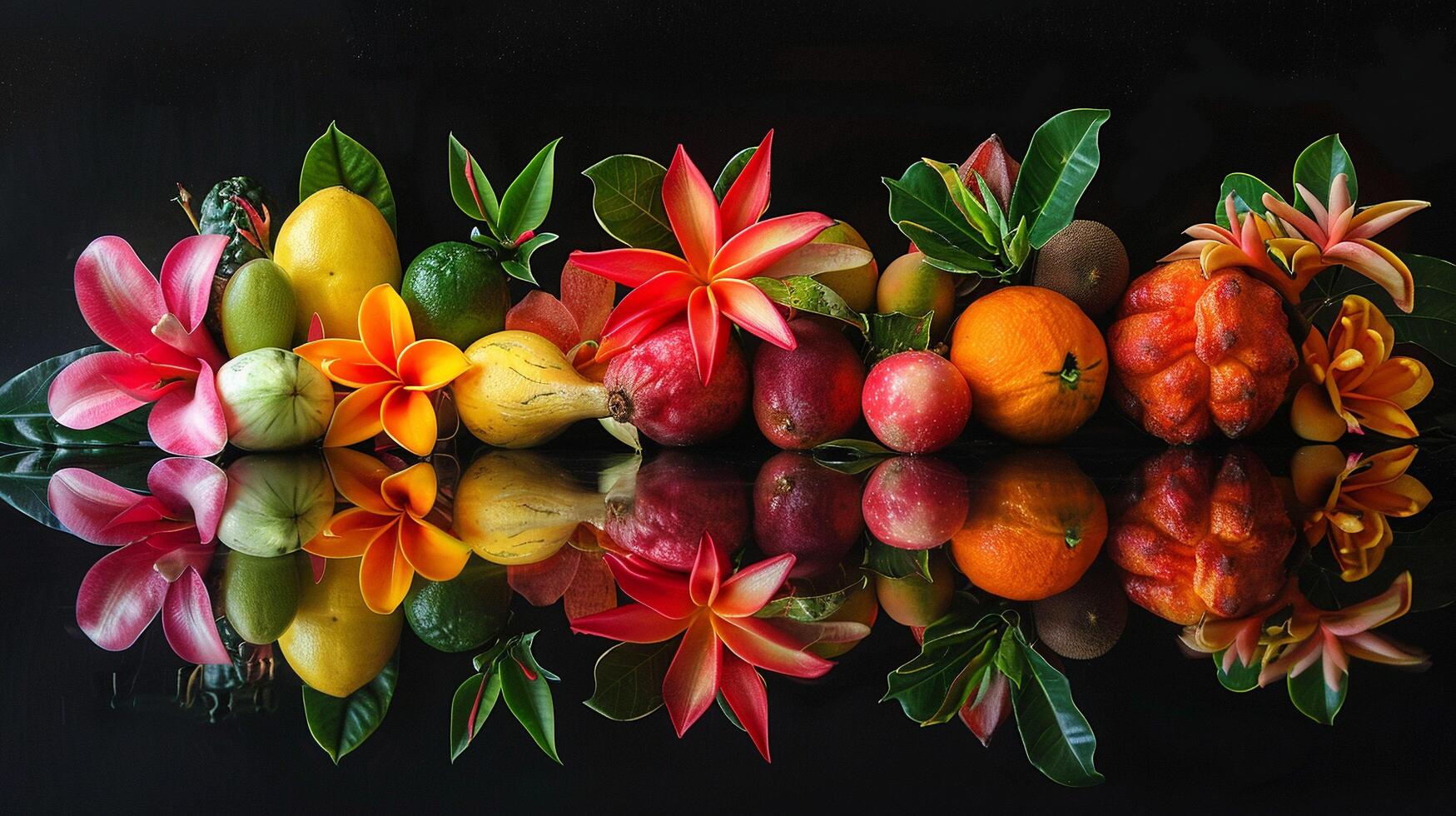 An experimental setup with fruits known for their sour taste, like tamarind and starfruit, arranged on a sleek, reflective surface, photo