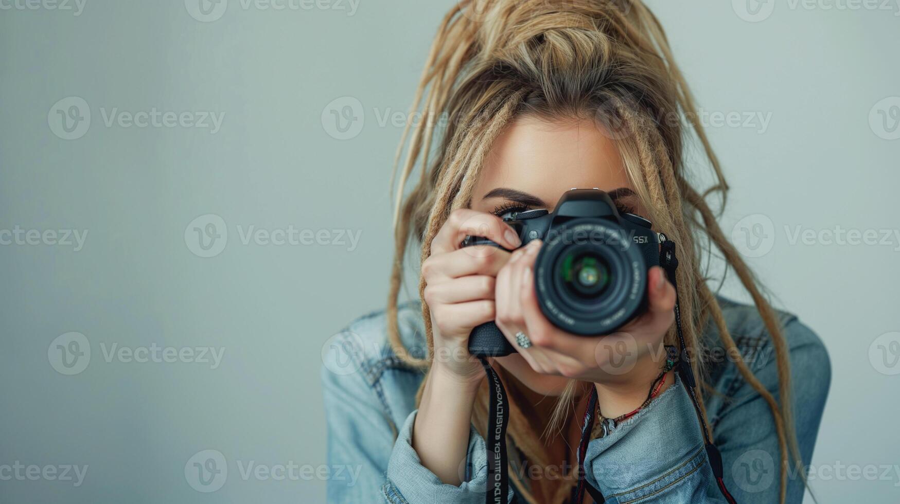 young blonde woman with dreadlocks taking pictures with a large SLR camera in the studio photo
