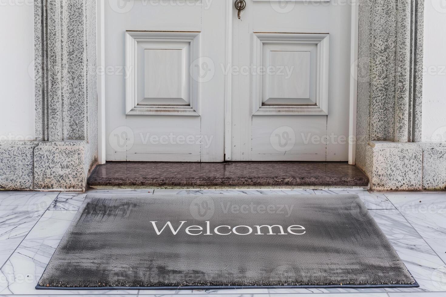 a rug near the front door with the inscription Welcome photo