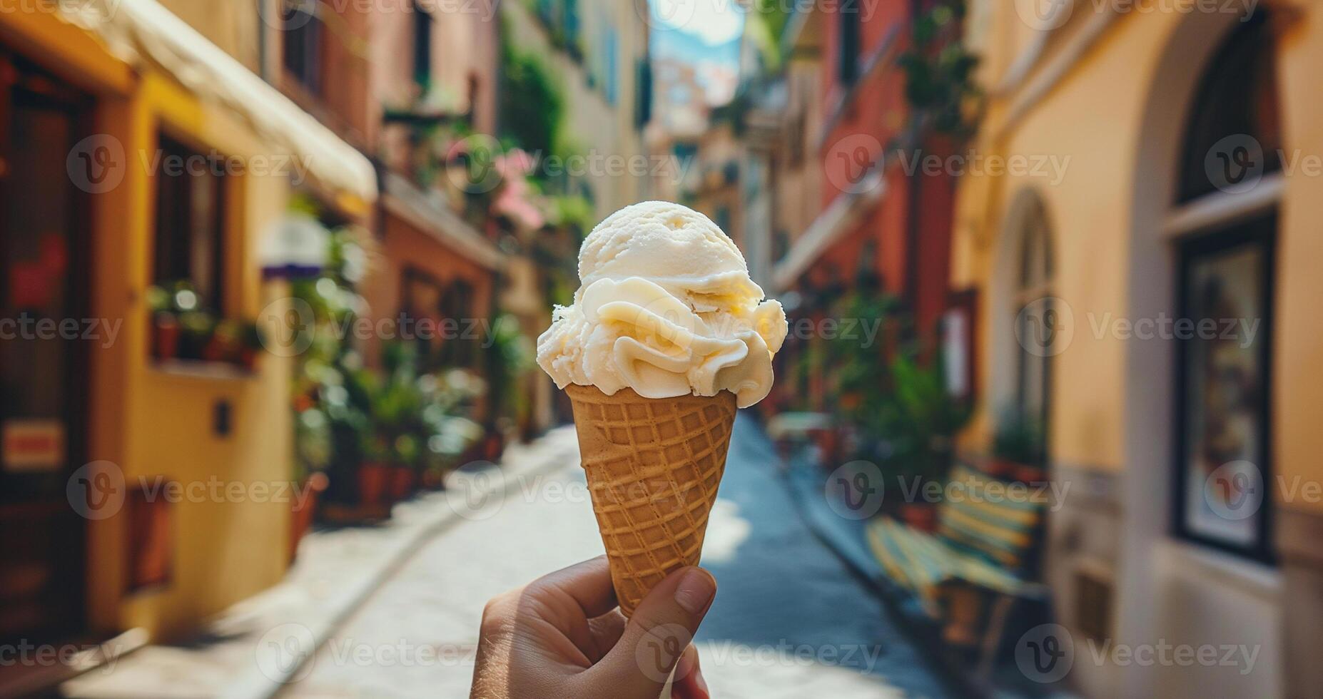 a hand holds a bright ball of real Italian ice cream on the background of a cobbled street during the summer heat photo