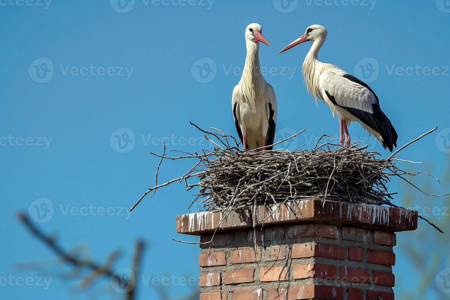 A pair of beautiful storks stands in a nest against a cloudy blue sky photo