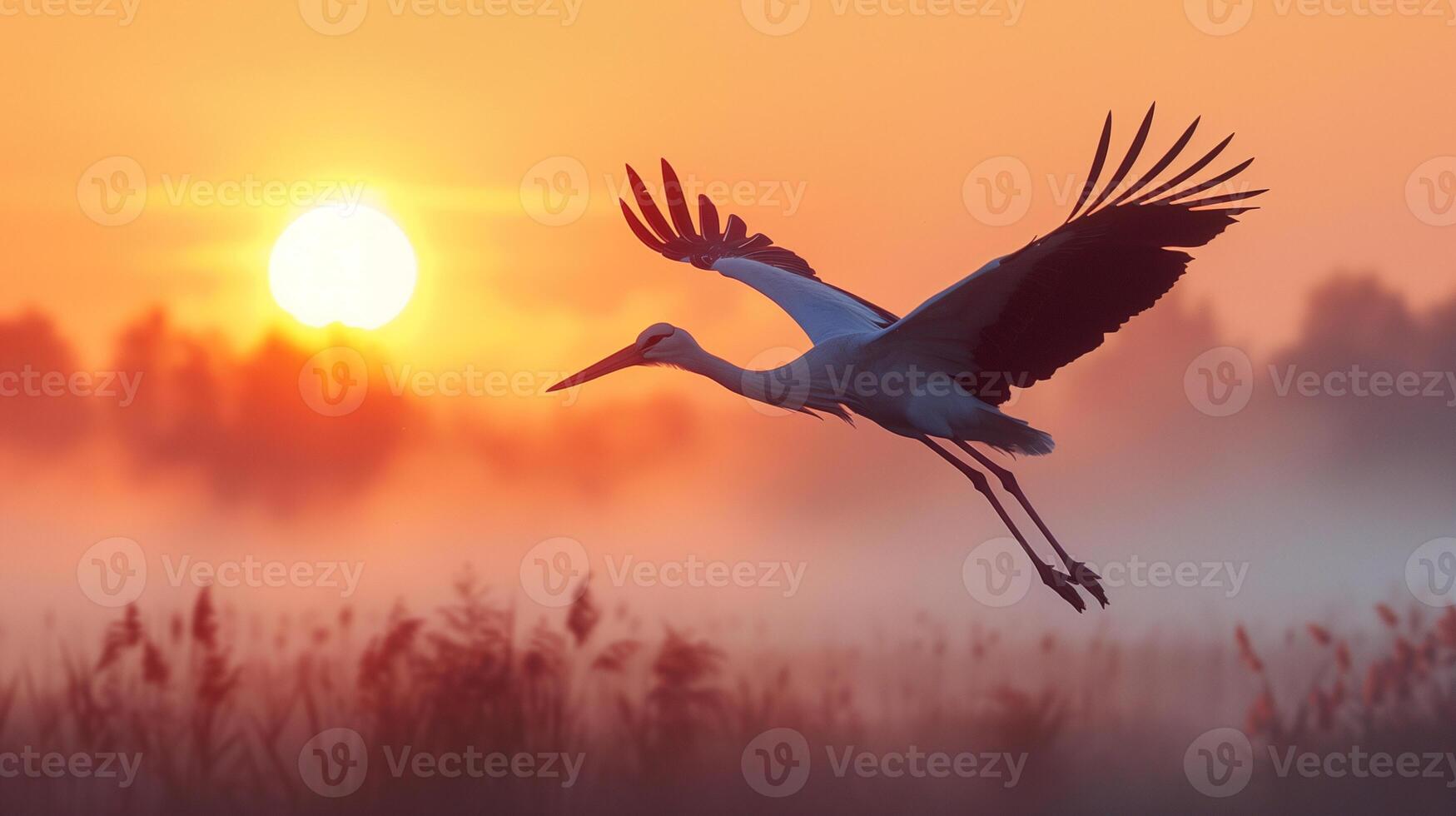 a beautiful stork soars over a field with fog spreading over it at dawn photo