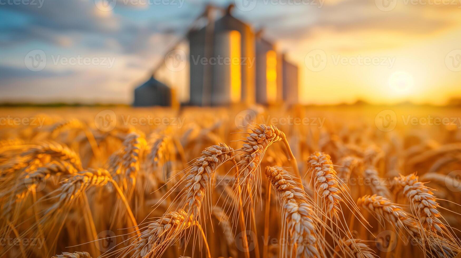 Modern elevator for storing grain against the background of a golden wheat field photo