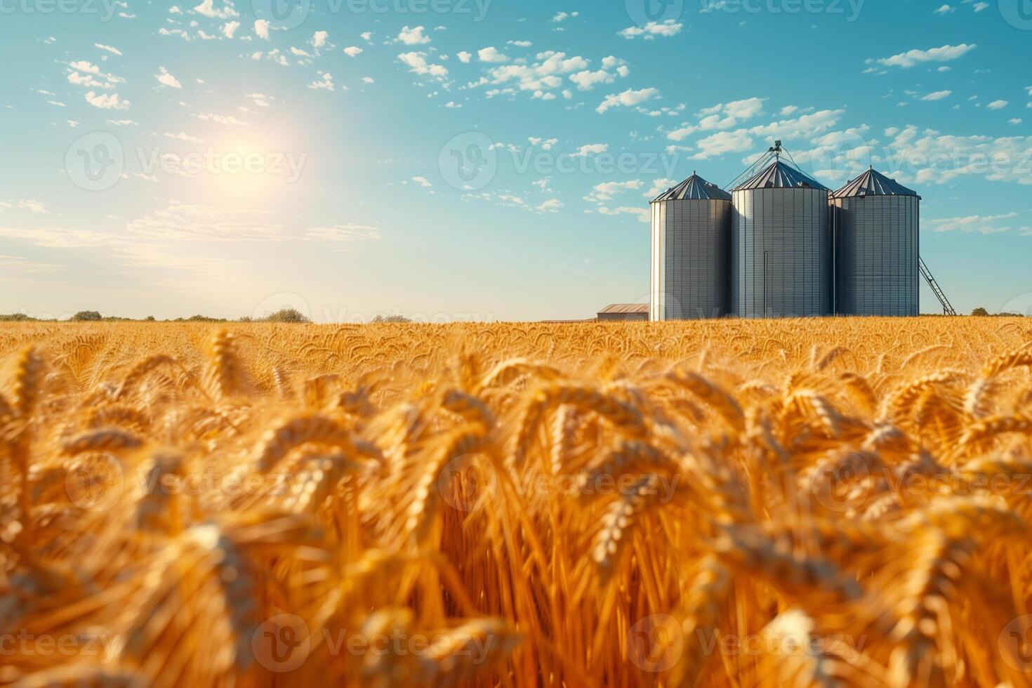 Modern elevator for storing grain against the background of a golden wheat field photo