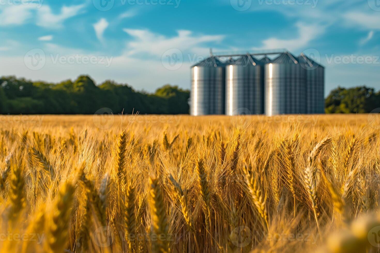 Modern elevator for storing grain against the background of a golden wheat field photo