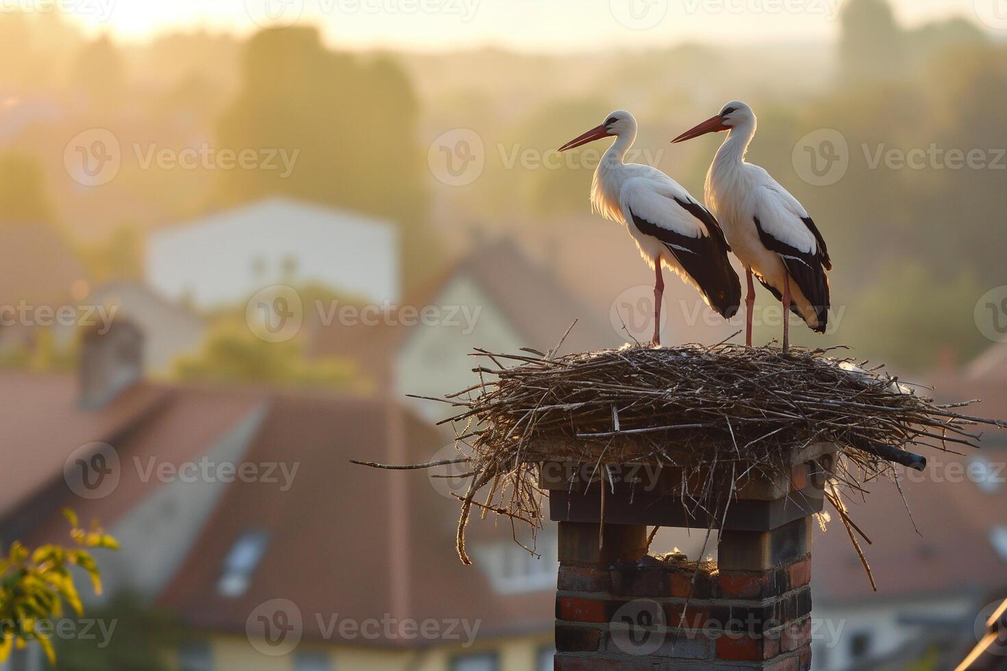 A pair of storks stands in a nest on the chimney of a village house at sunset photo