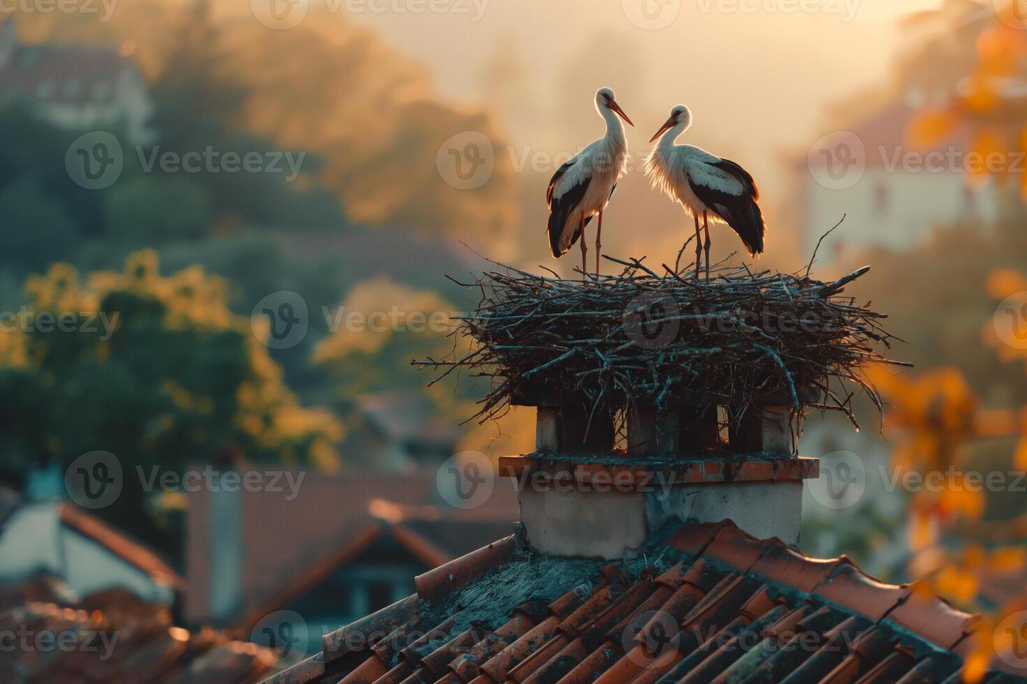 A pair of storks stands in a nest on the chimney of a village house at sunset photo
