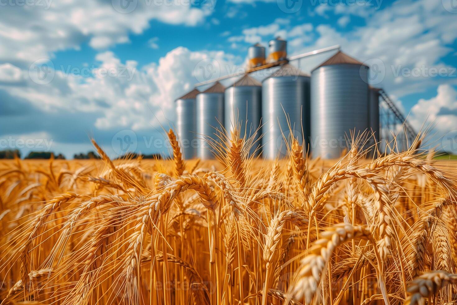 Modern elevator for storing grain against the background of a golden wheat field photo