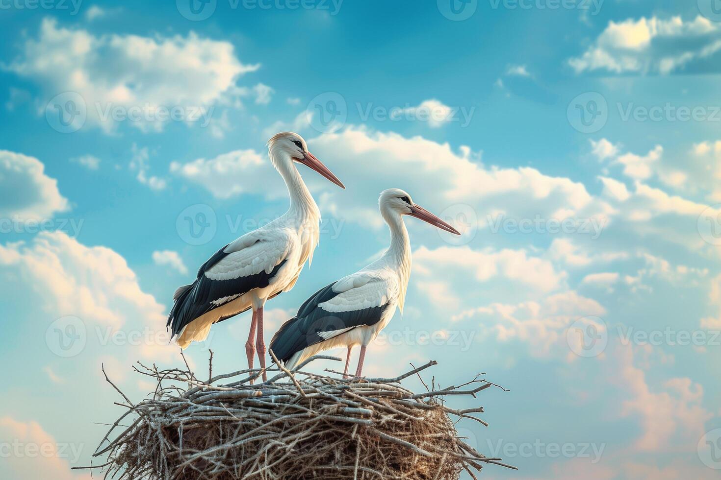 A pair of beautiful storks stands in a nest against a cloudy blue sky photo