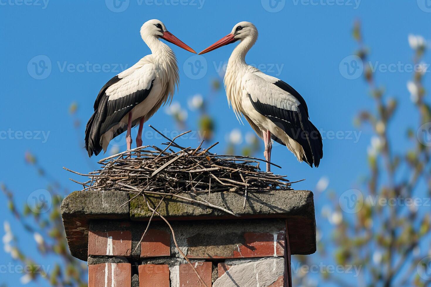 A pair of beautiful storks stands in a nest against a cloudy blue sky photo