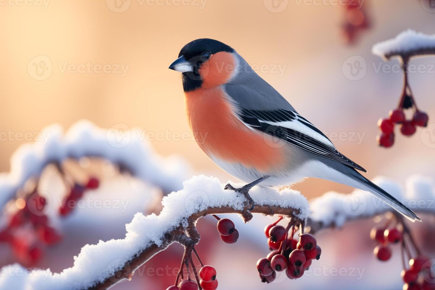 beautiful bullfinch on a rowan branch on a frosty sunny day photo