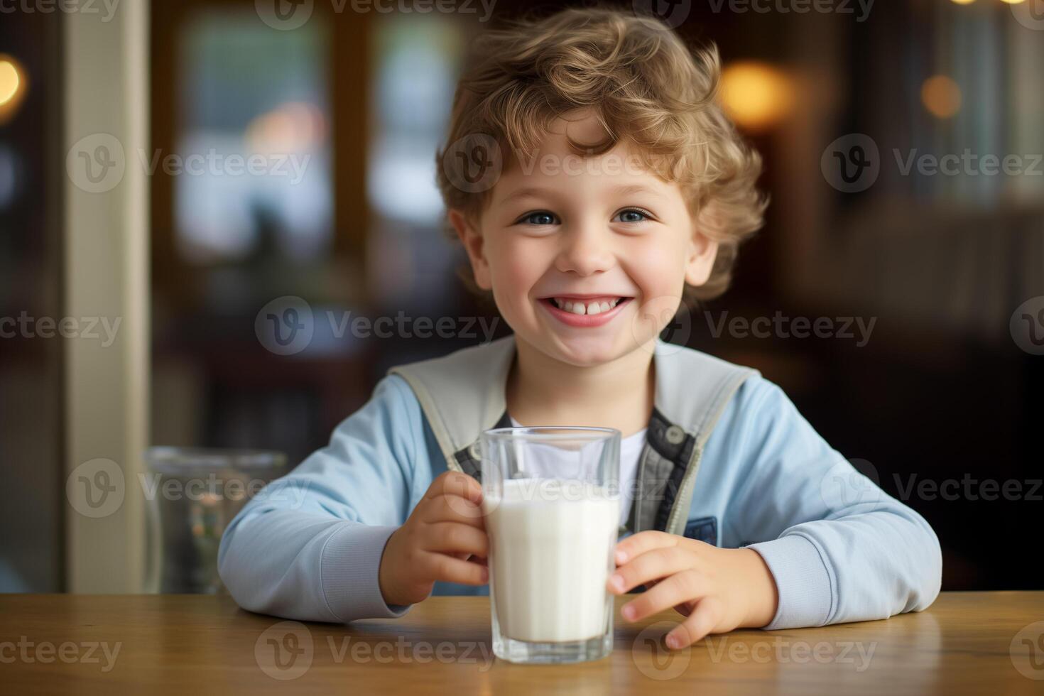 A handsome 4 year old smiling boy is sitting at the table with a glass of milk photo