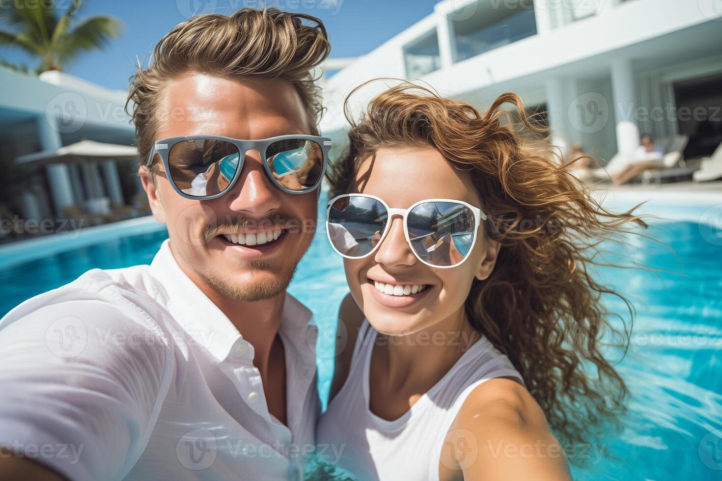 Young couple having fun in a swimming pool in hotel resort photo