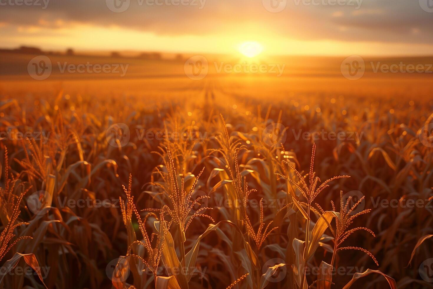 ripe corn field in the rays of sunny sunset light photo