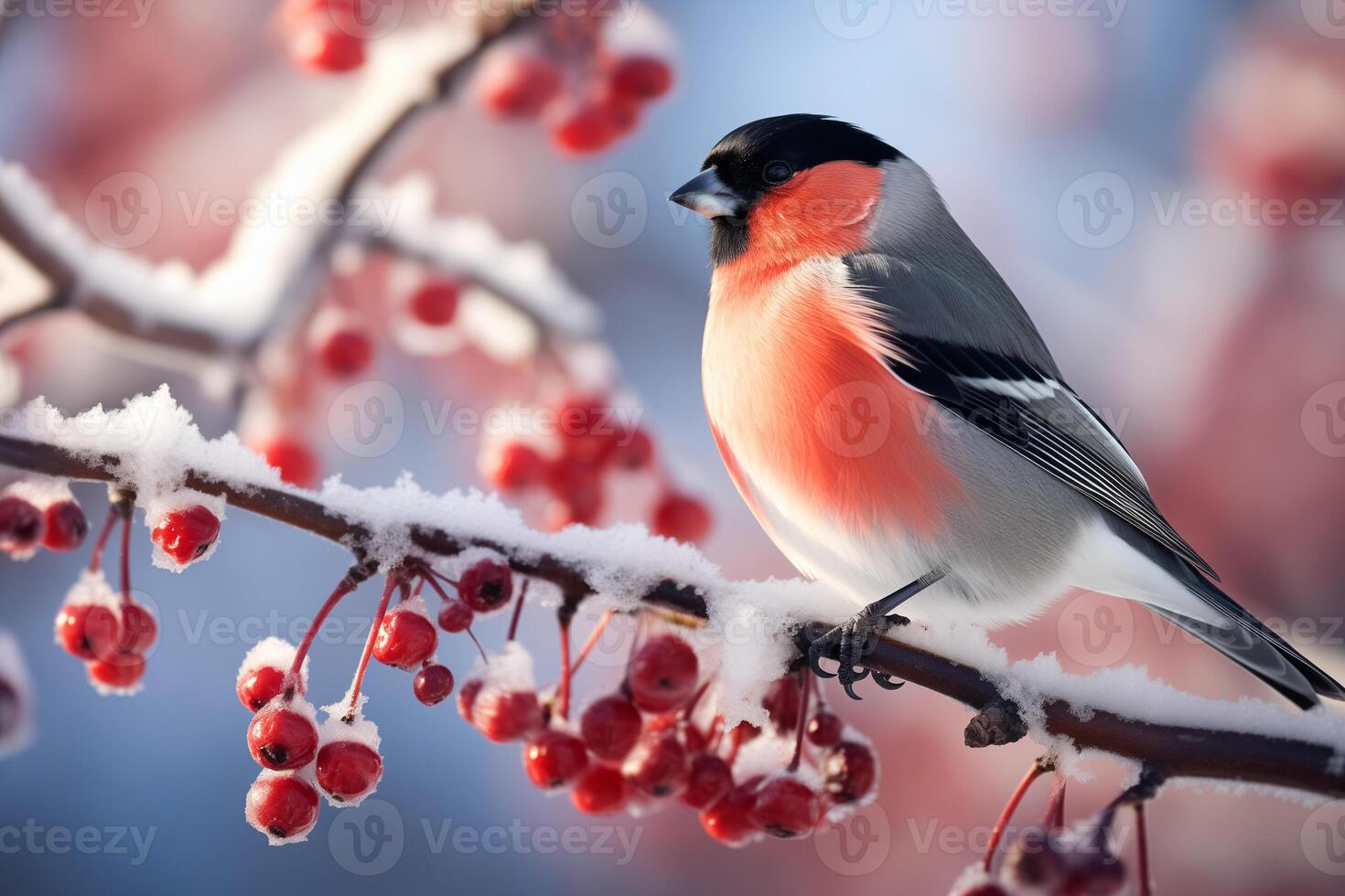 beautiful bullfinch on a rowan branch on a frosty sunny day photo