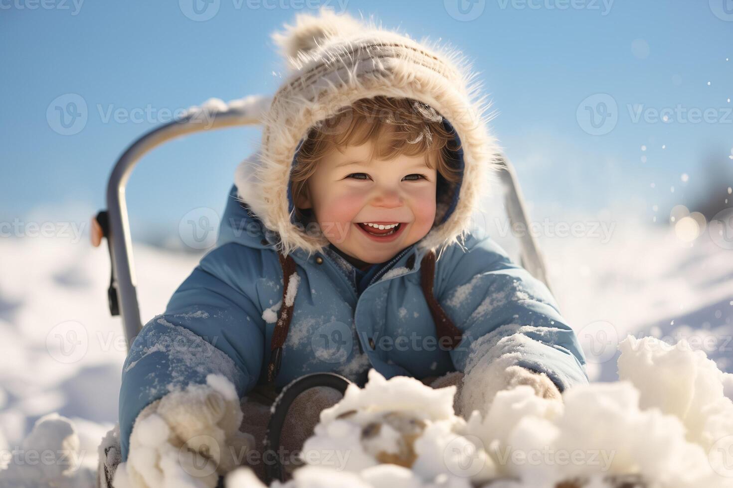 a small 3 year old boy races on a sleigh through the snowdrifts photo