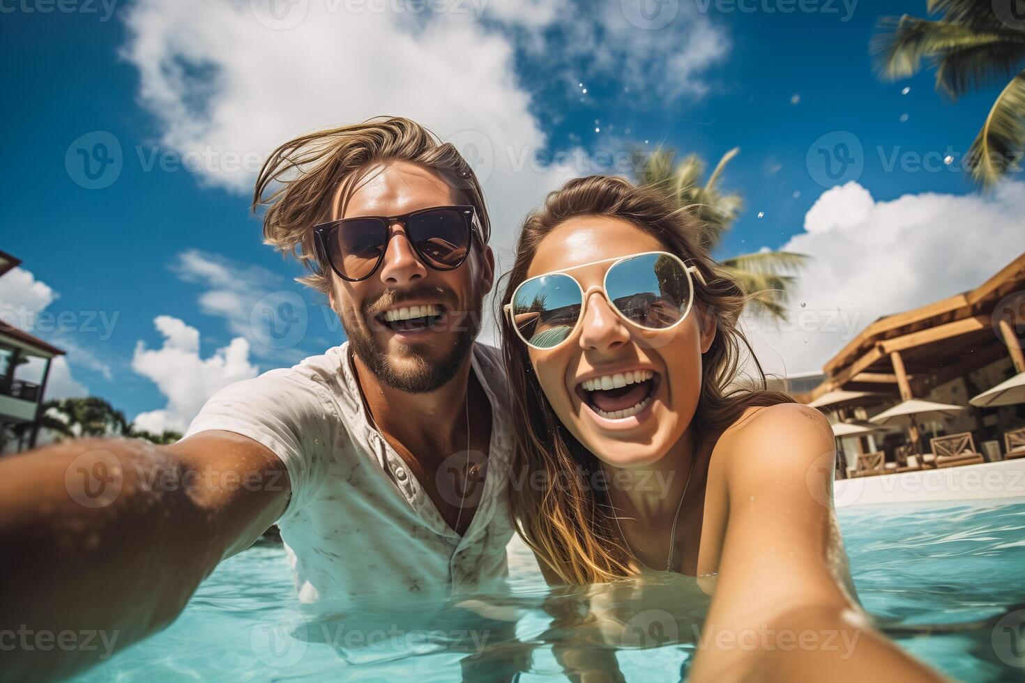 Young couple having fun in a swimming pool in hotel resort photo