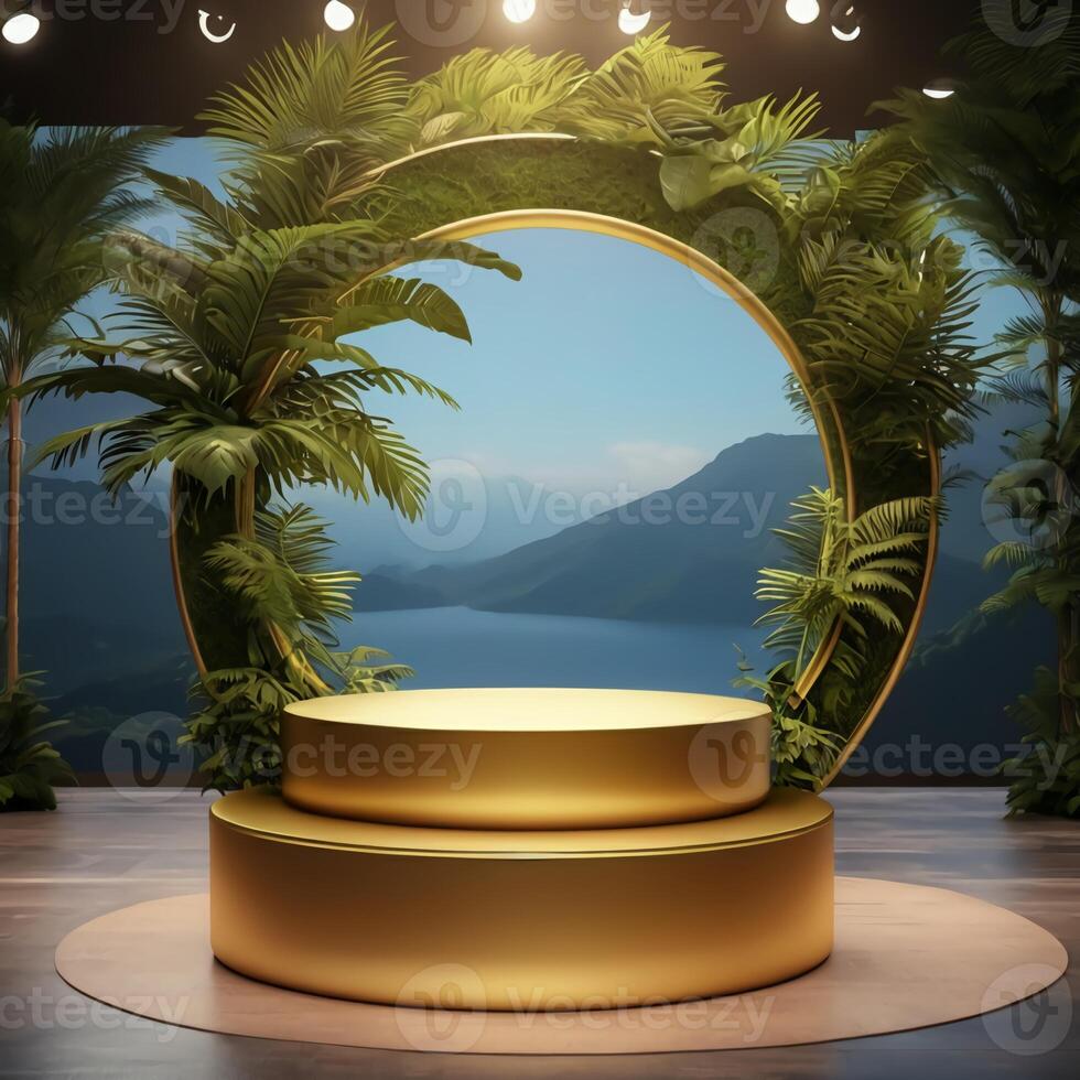 Luxurious gold podium with foliage for product exhibition is perfect for displaying your various products in style. photo