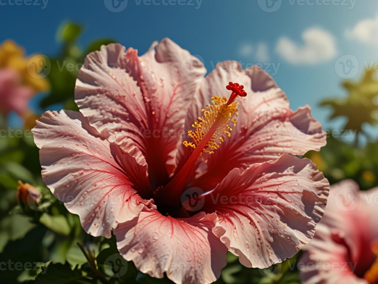 Close up of red hibiscus flowers blooming in spring against a bright blue sky background photo