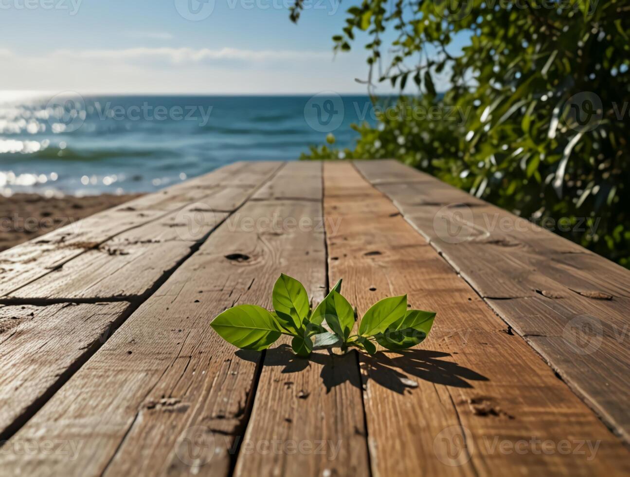 The wooden table has leaves on it and the ocean in the background. Can be used for your background photo