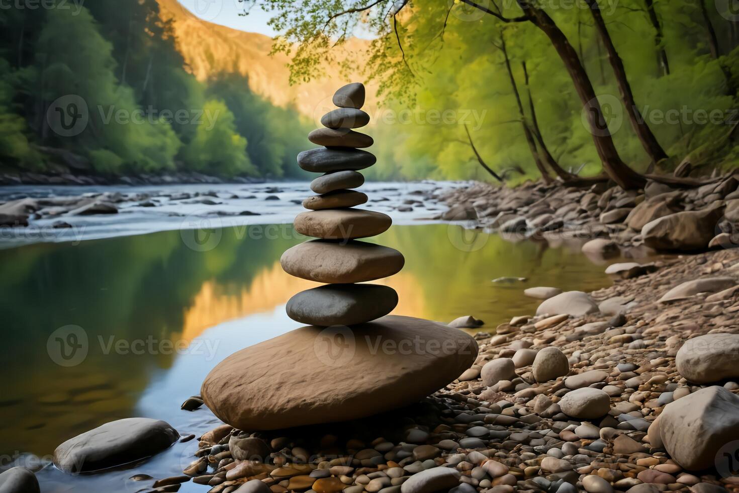 Showing the art of rock balancing on the river bank. In the background, a calm flowing river reflects the colors of the natural stones carefully stacked on its banks. photo