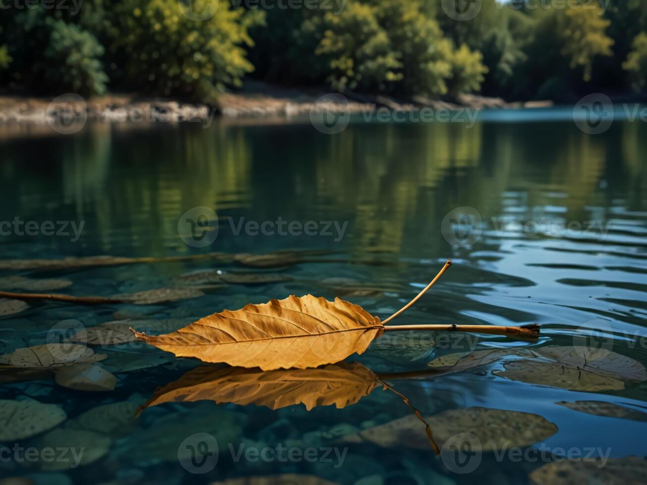 An autumn leaf falls into a clear lake photo taken on a sunny day