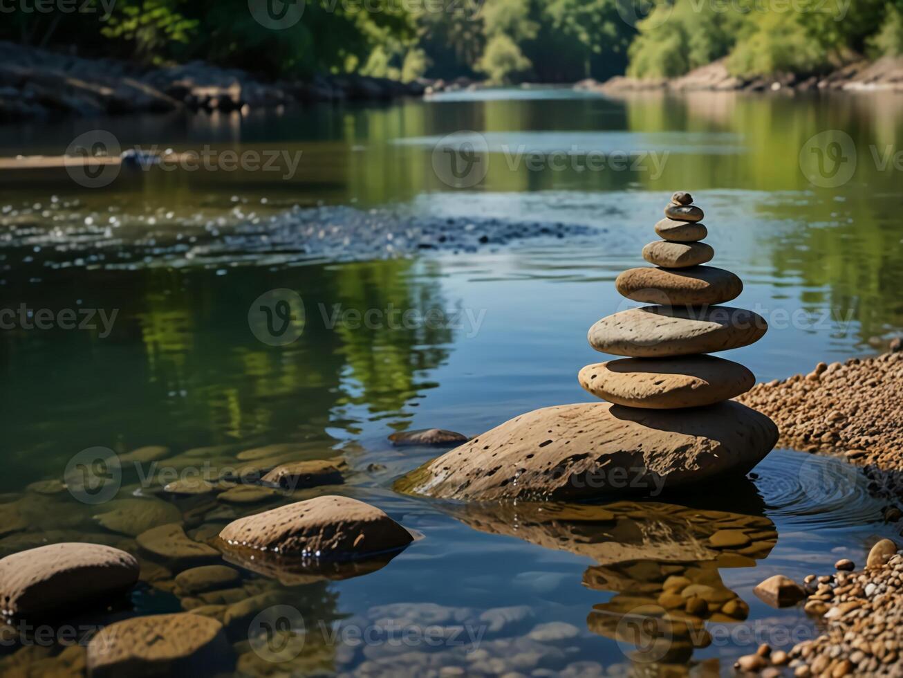 Showing the art of rock balancing on the river bank. In the background, a calm flowing river reflects the colors of the natural stones carefully stacked on its banks. photo